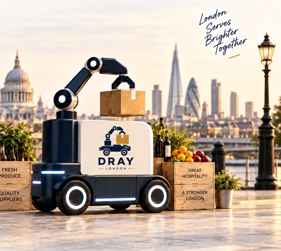 Dray London launch visual with a robotic delivery vehicle and hospitality supplies